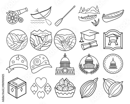 Botanical Garden and Flower Icon Set for Coloring Page, Elegant Line Art Design with Floral Elements and Nature Patterns
