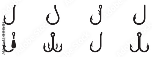 Fishing hook icon set. Collection of single and double fishing hooks. Vector illustration of sharp fish hooks in black. Simple, minimalist design elements for fishing, nautical, or outdoor themes. Vec