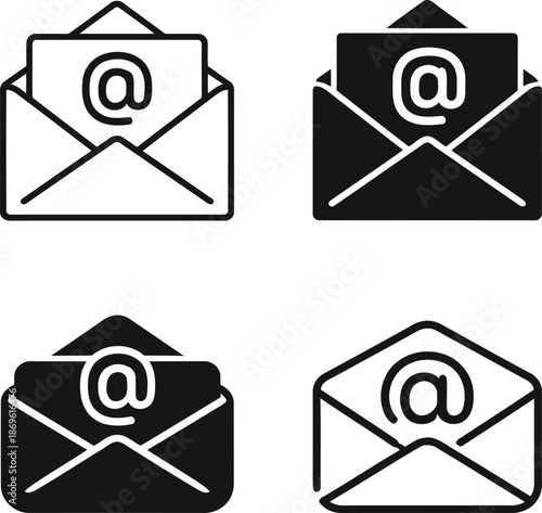 Email Icons: A simple and clean collection of four email icons, showcasing the universal symbol of electronic communication in different open envelope designs. 