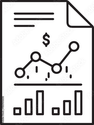 Minimalist black line icon of a financial document featuring a dollar sign, a fluctuating line graph, and a bar chart, representing business analytics and profit reporting.