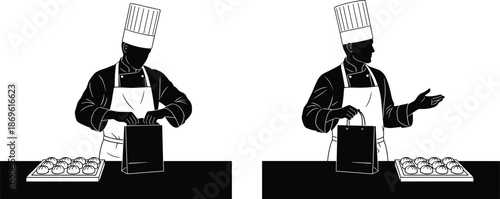 Black and white vector illustration of a male chef packing fresh bread rolls into a paper bag in a bakery.