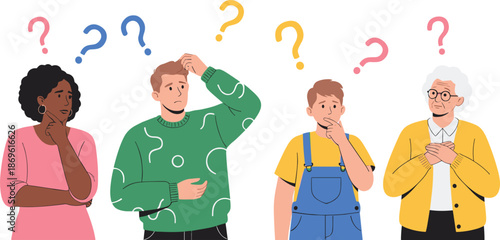 People feeling confused and thinking flat vector illustration with diverse characters showing doubt, questions and decision making emotions