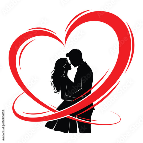 Silhouette of Romantic Couple Embracing Inside Dynamic Red Heart Stroke