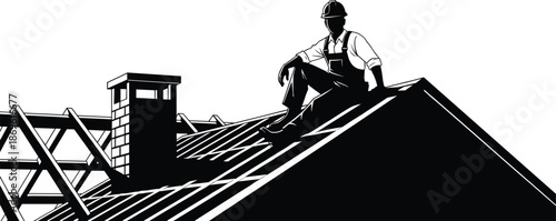 Black and white vector illustration of a professional roofer sitting on a house roof near a chimney during home construction.