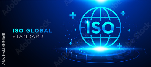ISO global standard vector illustration with digital globe and blue technology concept. Modern design for international certification and quality management. banner, presentation