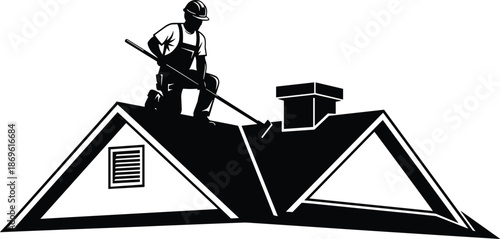 Black and white vector illustration of a professional roofing contractor worker repairing a residential house roof with chimney and tools.