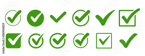 Green checkmark icons in various shapes and styles on white background for approval and confirmation concepts  isolated green tick symbols transparent background