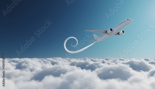 Airplane soaring above clouds with a swirling trail in a clear blue sky