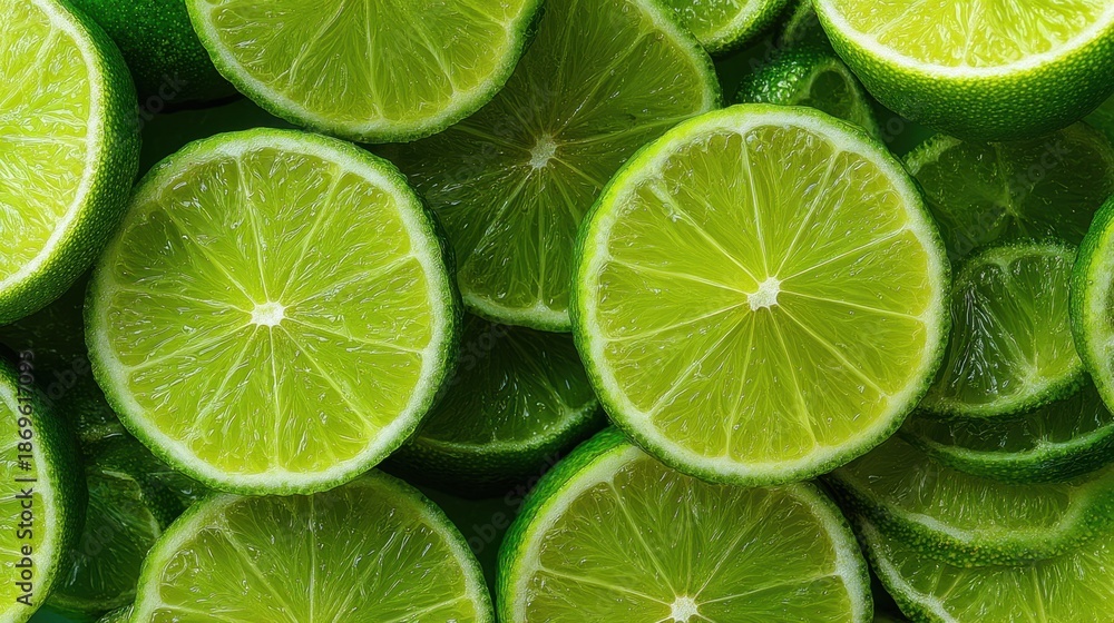 Fototapeta premium Close up of green lime slices. The lime slices are arranged in a pattern, with some overlapping and others not. Concept of freshness and health, as limes are known for their high vitamin C content