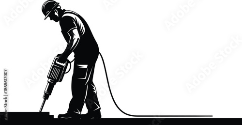 Construction worker with hard hat operating pneumatic jackhammer on road pavement, industrial male laborer professional contractor cad drawing flat vector illustration