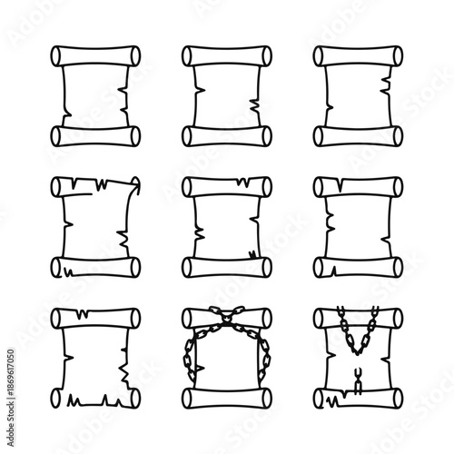 Set of Scroll Paper Concept Collection Design Vector Illustration Parchment Ancient Old Blank Antique Diploma History Retro Message Letter Treasure Map Text Element