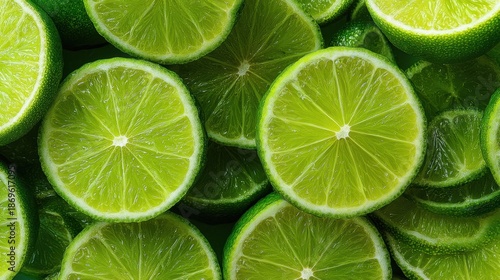 Close up of green lime slices. The lime slices are arranged in a pattern, with some overlapping and others not. Concept of freshness and health, as limes are known for their high vitamin C content © mila103