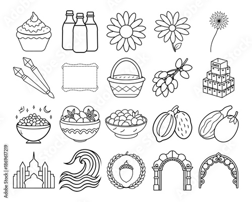 A comprehensive icon set for coloring pages, featuring a clean, minimalist line art design for various applications.