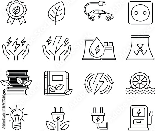 Renewable energy and sustainability line icon set with eco power electricity green technology symbols