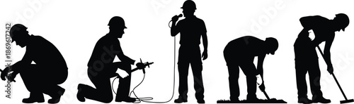 Construction workers silhouette, industrial labor, teamwork on site, hard hat safety, manual tools, vector illustration, CAD drawing, flat design, engineering, infrastructure, occupational roles, buil