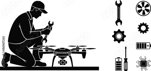 Drone repair technician, quadcopter maintenance, silhouette worker, wrench tool, propeller icon, battery gear, CAD vector, flat illustration