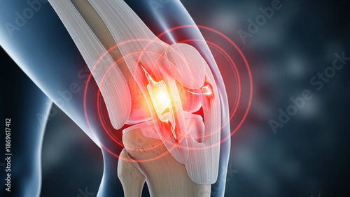 Human knee joint with highlighted pain area on a dark background with red circles