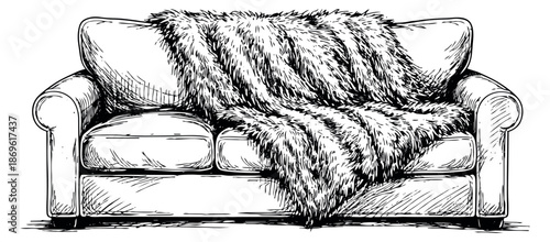 Hand drawn line art illustration of a sofa depicting a soft furry throw blanket for home comfort