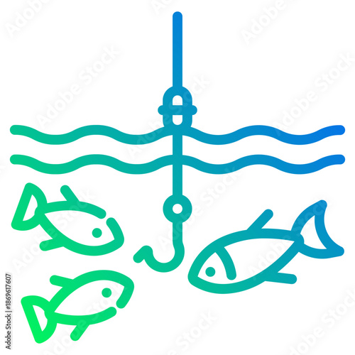 Fishing hook in water. This is a vector single icon with a dashed line gradient style. It is suitable for various purposes, including website design, mobile app design, and logo design.