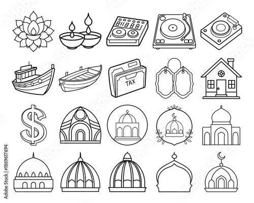 Artistic animal icon set, line art approach for coloring pages, inspiring young artists with nature's creatures.