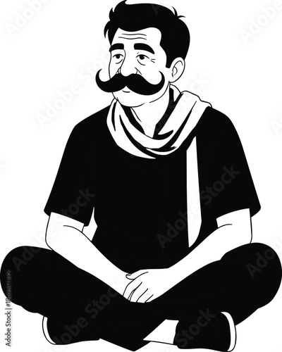 Hand drawn middle aged man with mustache wearing scarf sitting cross legged in flat vector line art style cad drawing