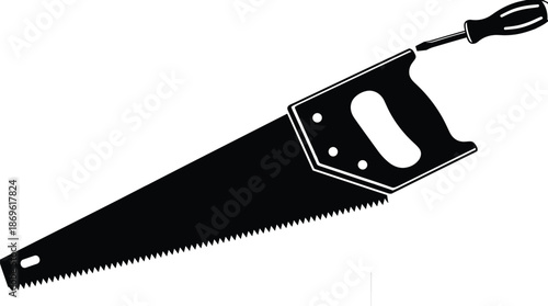  hand saw silhouette, screwdriver handle, hybrid tool concept, carpentry vector, construction icon, black outline, isolated, DIY equipment, mechanical tool, creative combination, woodworking gear, rep