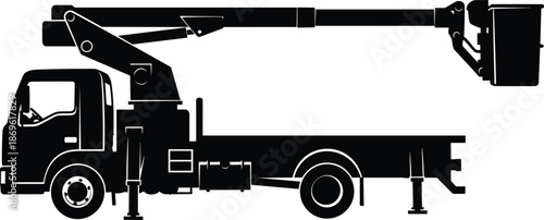Industrial bucket truck with hydraulic lift boom and aerial platform, utility vehicle for maintenance work, cad drawing flat vector illustration