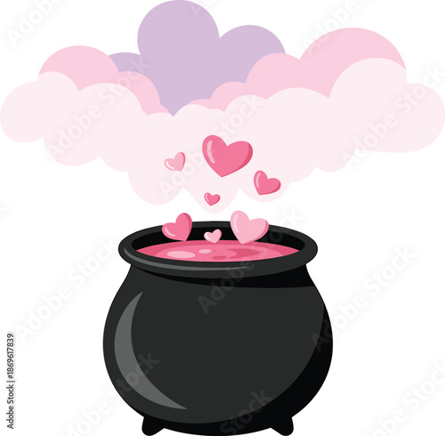 Black cauldron with pink hearts and steam in a whimsical fantasy setting