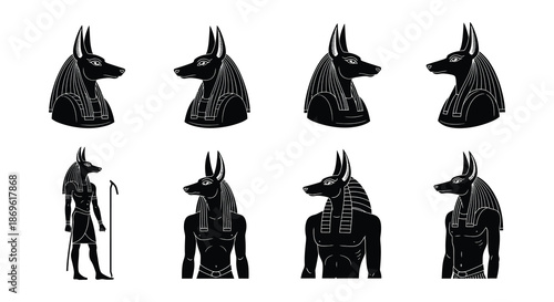 Ancient egyptian anubis god depictions in various poses a stylistic illustration