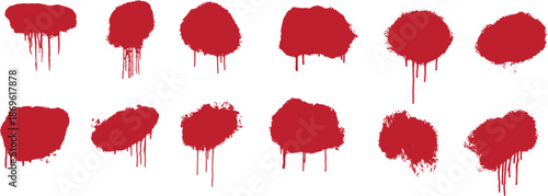 Red paint splatter stains with dripping liquid texture. Grunge ink blots and splash shapes isolated on white background. Horror, violence, art, and abstract design elements. 