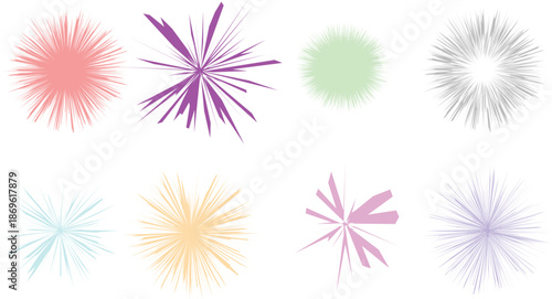 Colorful soft starburst shapes with gentle radial lines. Pastel abstract bursts forming playful decorative elements on white. Creative energy, light, and modern design accents.