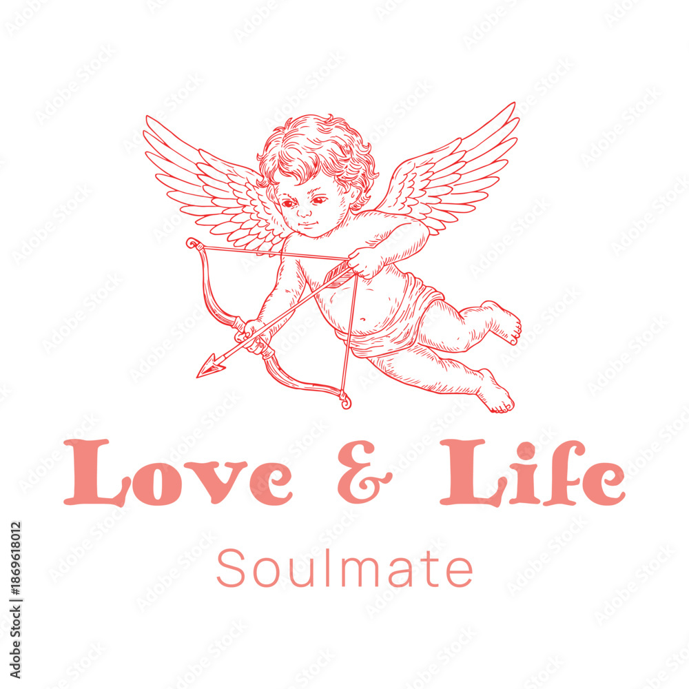 Fototapeta premium Cupid Angel with Bow and Arrow Valentine Vector Illustration Logo