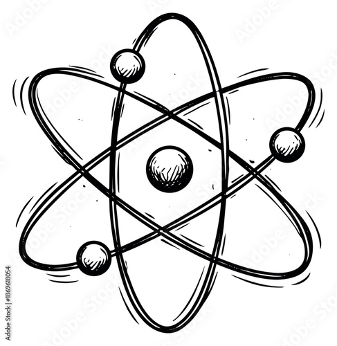 Hand drawn line art illustration of an atom depicting the atomic structure for scientific and educational purposes