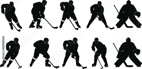 Ice hockey player silhouettes in dynamic action poses, goalie and skater positions, sports movement concept, flat vector illustration