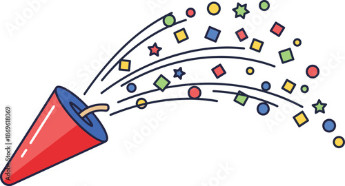 Vibrant party popper exploding colorful confetti and stars