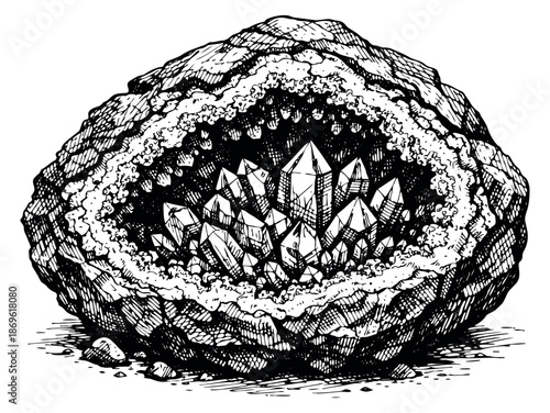 Hand drawn line art illustration of a geode depicting inner crystals for nature or geology concepts