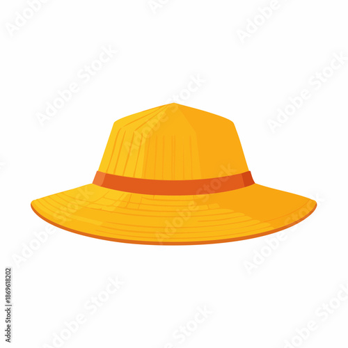 Isolated yellow straw hat with an orange band; Summer headwear for sun protection and fashion accessory
