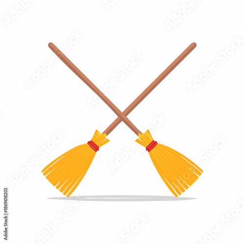 Two crossed yellow brooms with wooden handles for Halloween illustration. Witch tools for cleaning in October