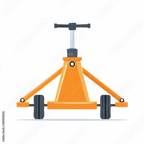 Orange hydraulic vehicle jack with four wheels, tool for lifting autos for repair or maintenance, front view, transportation service