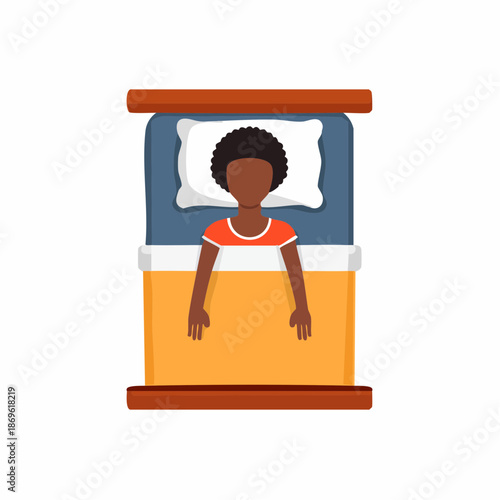 African American woman sleeping in bed, top view, relaxing in bedroom with pillow and blanket on a mattress for a peaceful nap