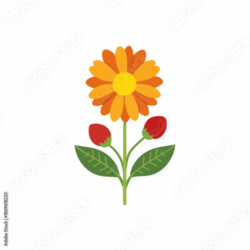 Vibrant stylized flower illustration with orange petals, yellow center, red buds, and green leaves on stems creating a cheerful nature design.