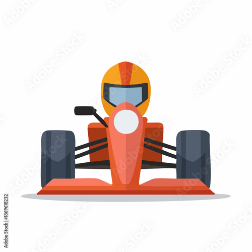Formula race car driver, open wheel vehicle front view, racer in helmet at speed