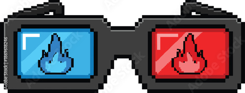 Pixel art 3D glasses with red and blue flame lenses, retro gaming style accessory, flat vector illustration