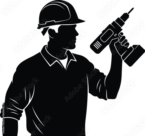 Male construction worker wearing hard hat holding electric cordless power drill, professional contractor handyman building project, cad drawing flat vector illustration