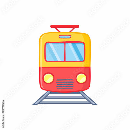 Cartoon Style Train Front View Vector Illustration in Red and Yellow Colors on the Train Tracks