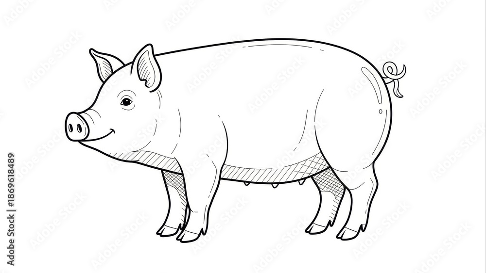 Obraz premium Black and White Outline Illustration of a Standing Domestic Pig. Hand-drawn Farm Animal Sketch, Ideal for Coloring Books or Graphic Resources.