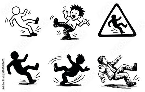 Hand drawn accident icons set featuring people slipping and falling with a warning sign for safety and caution awareness