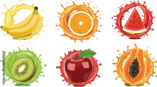 Colorful assorted fruit splash illustrations featuring banana, orange, watermelon, kiwi, apple, and papaya in dynamic liquid bursts