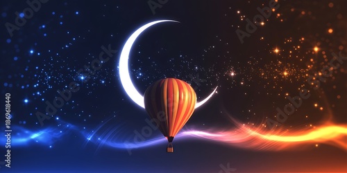 Dreamy hot air balloon adventure through a vibrant starlit night with glowing waves