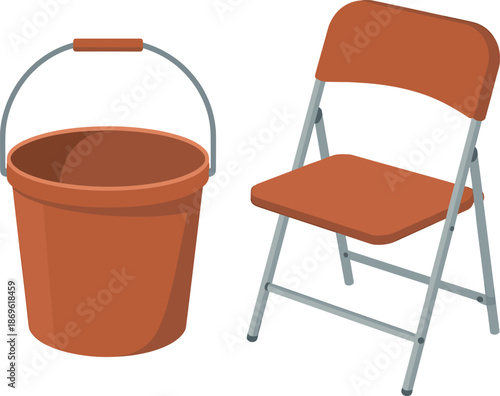 Orange plastic bucket with gray handle next to a folding chair with orange seat and gray metal frame